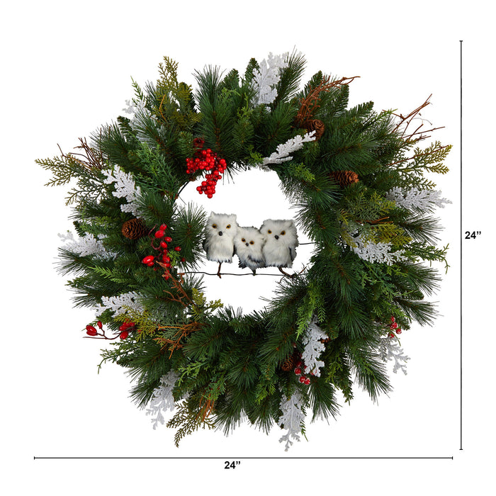 24" Holiday  Owl Family Pinecone Berry Christmas Wreath