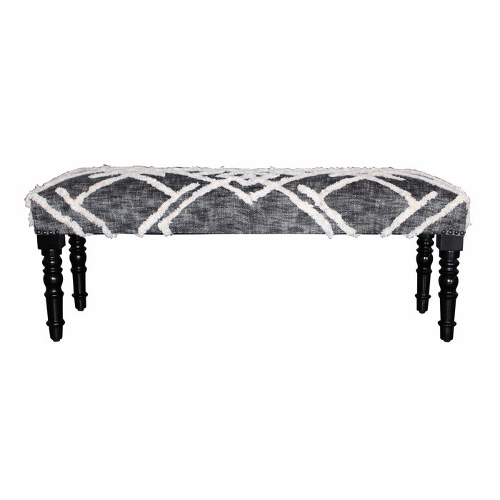 Geometric Cotton Upholstered Distressed Bench - Gray / White