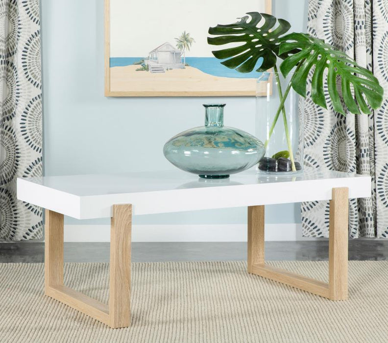 Pala - Rectangular Coffee Table With Sled Base - White High Gloss And Natural - Simple Home Plus