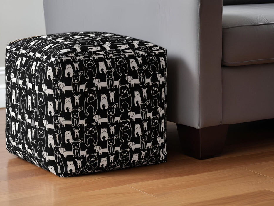 Cotton Animal Print Pouf Ottoman - Black