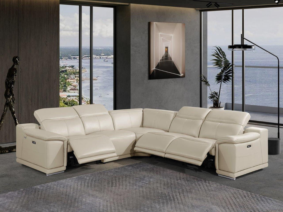 Italian Leather Power Reclining U Shaped Five Piece Corner Sectional With Console - Beige