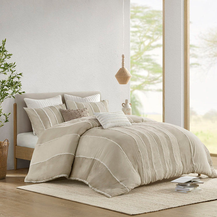 Shay - 3 Piece Striped Cotton Duvet Cover Set - Beige