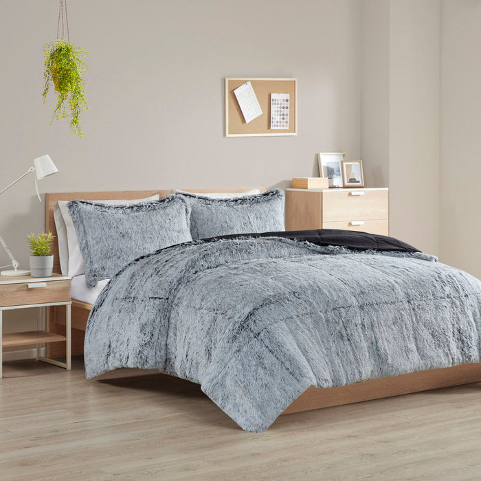 Malea - Shaggy Long Fur Comforter Mini Set - Black/Light Blue