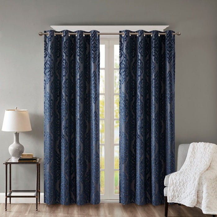 Mirage - 95" Knitted Damask Total Blackout Grommet Top Curtain Panel - Navy