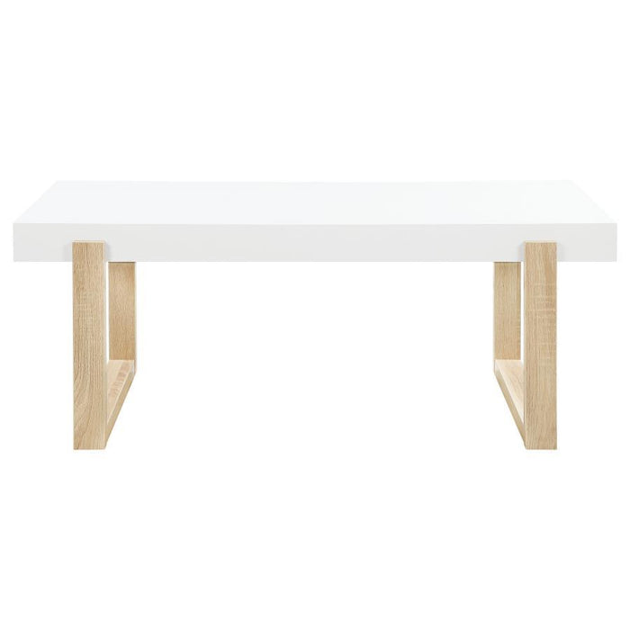 Pala - Rectangular Coffee Table With Sled Base - White High Gloss And Natural - Simple Home Plus