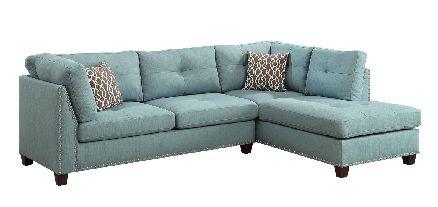 Teal Linen L Shaped Three Piece Sofa And Chaise Sectional And Toss Pillows - Blue