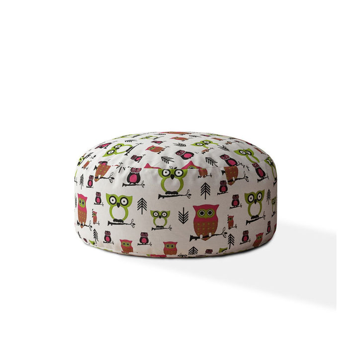 Cotton Round Owls Pouf Ottoman - Green / White