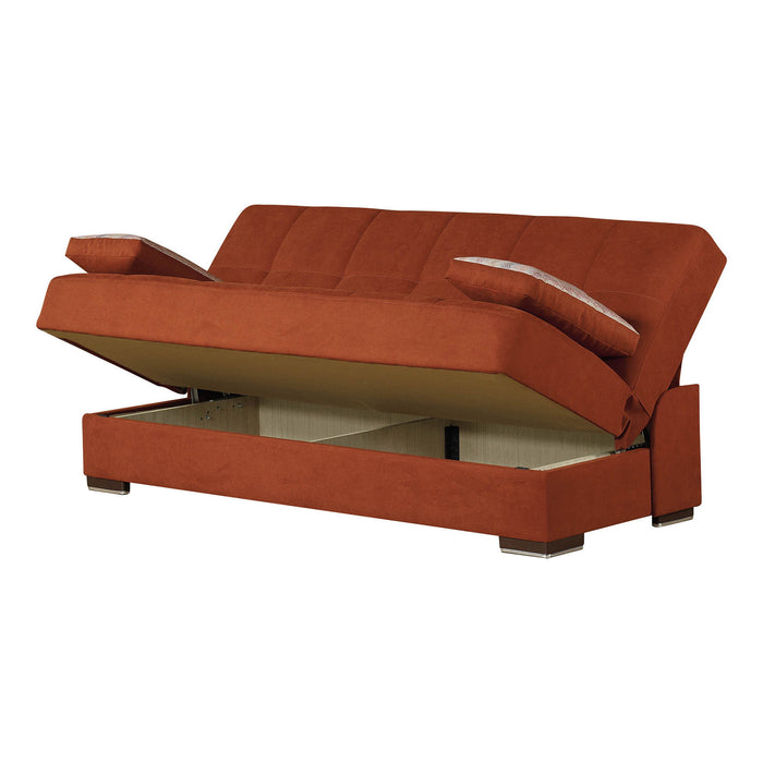 Chenille Sleeper Sofa And Toss Pillows With Brown Legs - Red