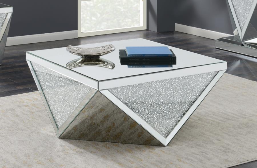 Amore - Square Coffee Table With Triangle Detailing - Silver And Clear Mirror - Simple Home Plus