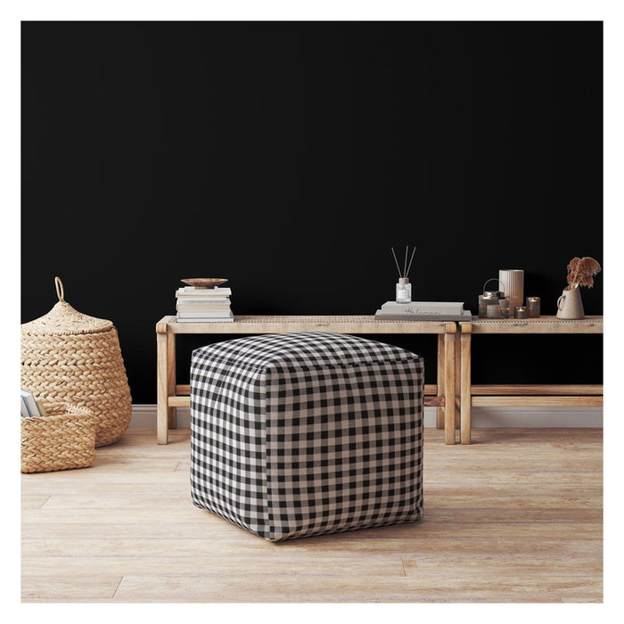 Cotton Gingham Pouf Ottoman - Gray / Black