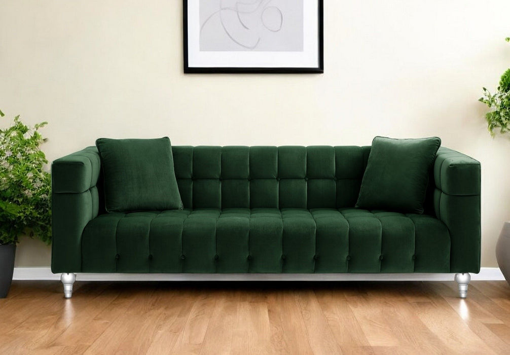 Velvet Sofa And Toss Pillows With Clear Legs - Hunter Green