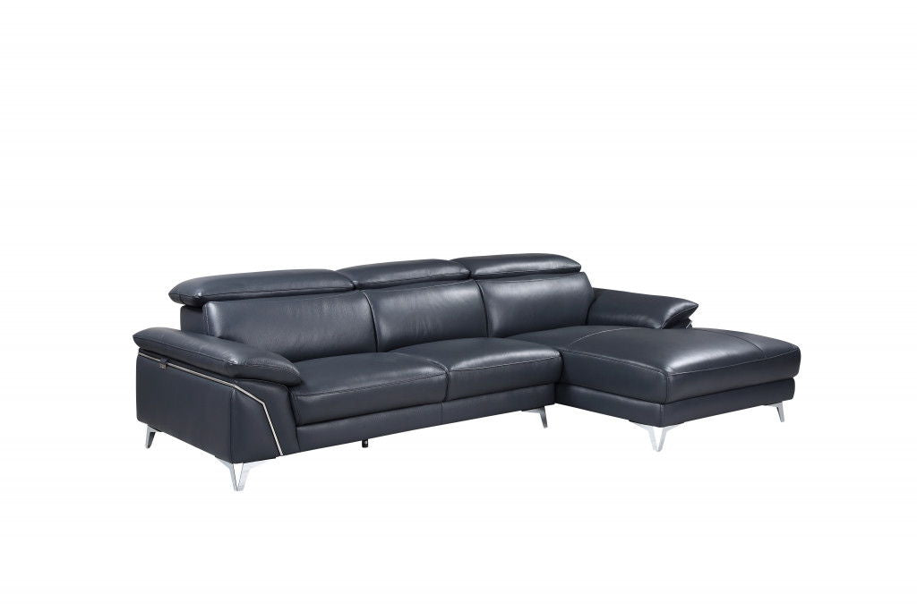 Italian Leather L Shaped Two Piece Sofa And Chaise Sectional - Navy Blue