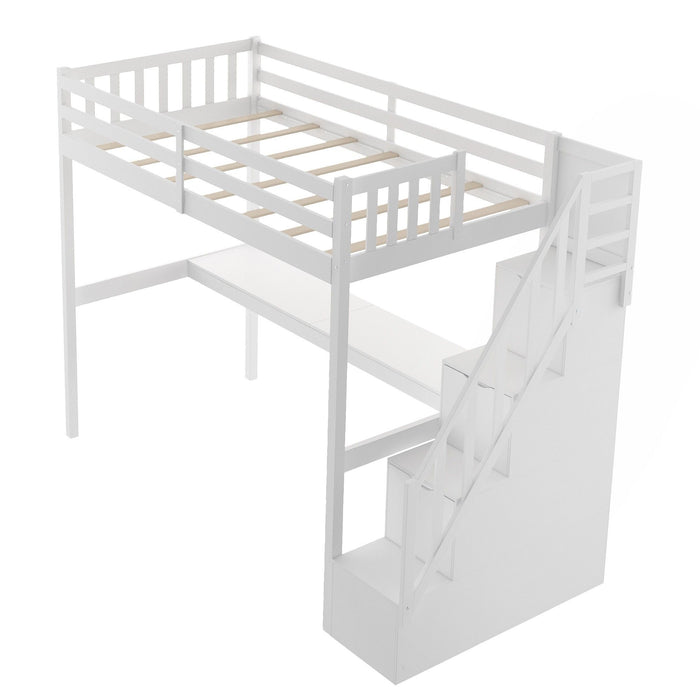 Twin Size Loft Bed with Built In Desk and Stairway - White