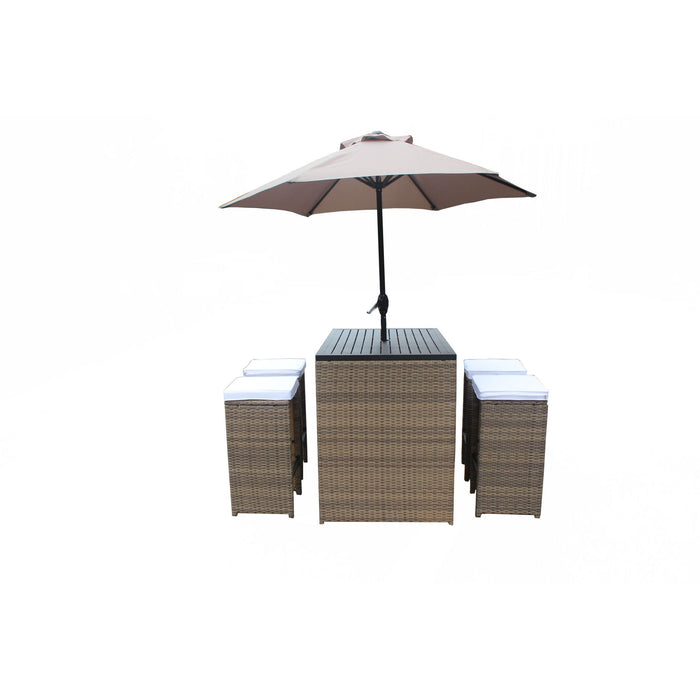 Six Piece Faux Wicker Outdoor Bar Height Table Set With Umbrella And Stools - Brown / White