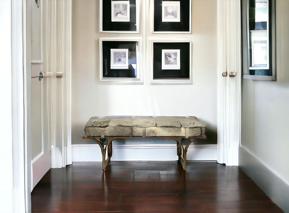 Upholstered Faux Fur Bench - Gray / Antiqued Brass