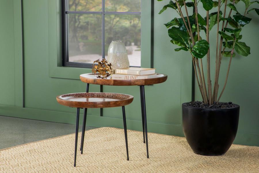 Nuala - 2 Piece Round Nesting Table With Tripod Tapered Legs - Honey And Black - Simple Home Plus