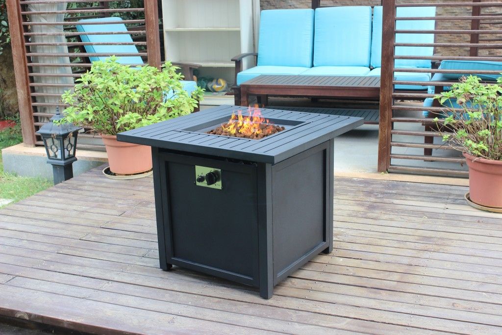 Square Slat Top Fire Pit Table With Lid - Black