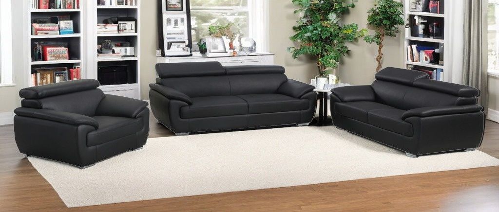 Three Piece Six Person Genuine Leather Indoor Seating Set - Black