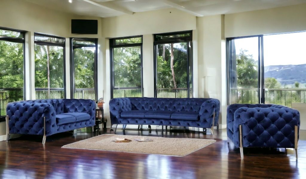 Three Piece Velvet Six Person Seating Set - Blue