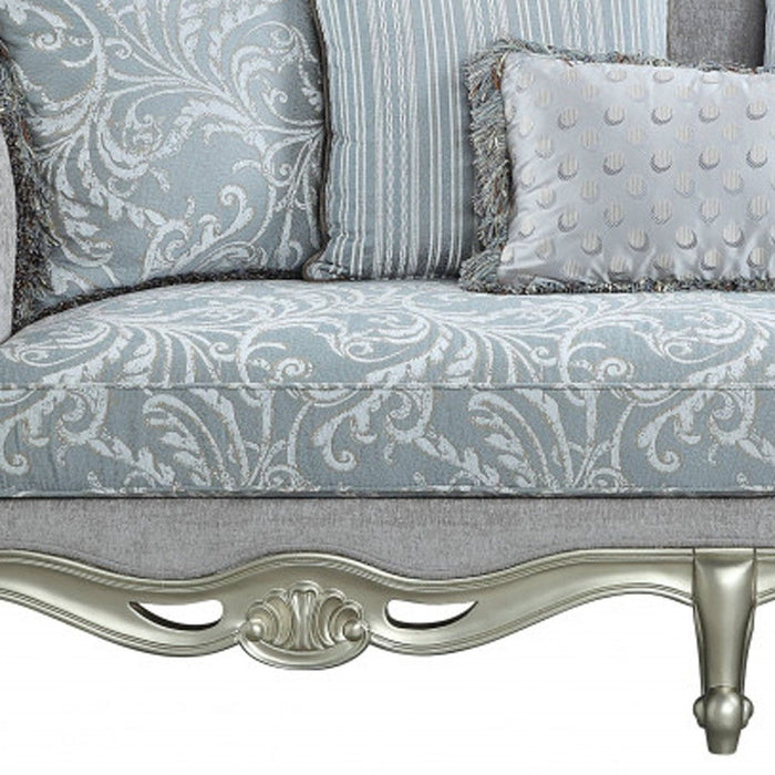 Linen Damask Sofa And Toss Pillows With Champagne Legs - Light Gray