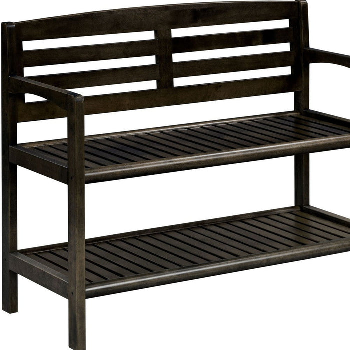 Solid Wood Slat Bench With High Back And Shelf - Espresso Finish