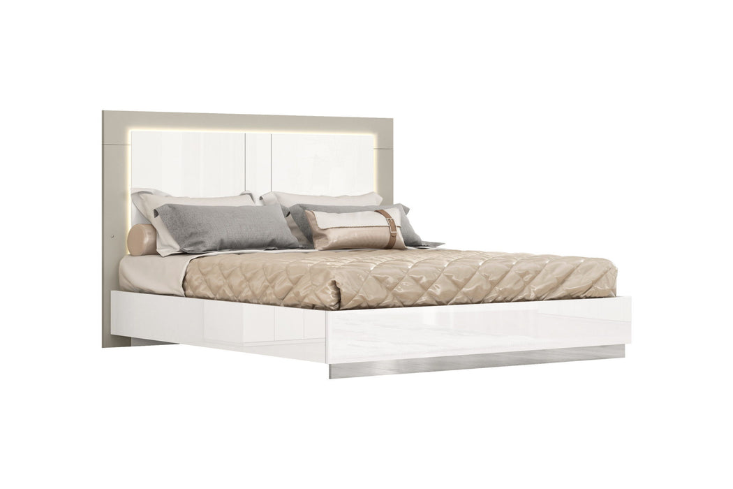 King High Gloss Bed Frame with LED Headboard - White / Taupe