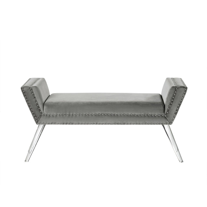 Upholstered Velvet Bench - Gray / Clear