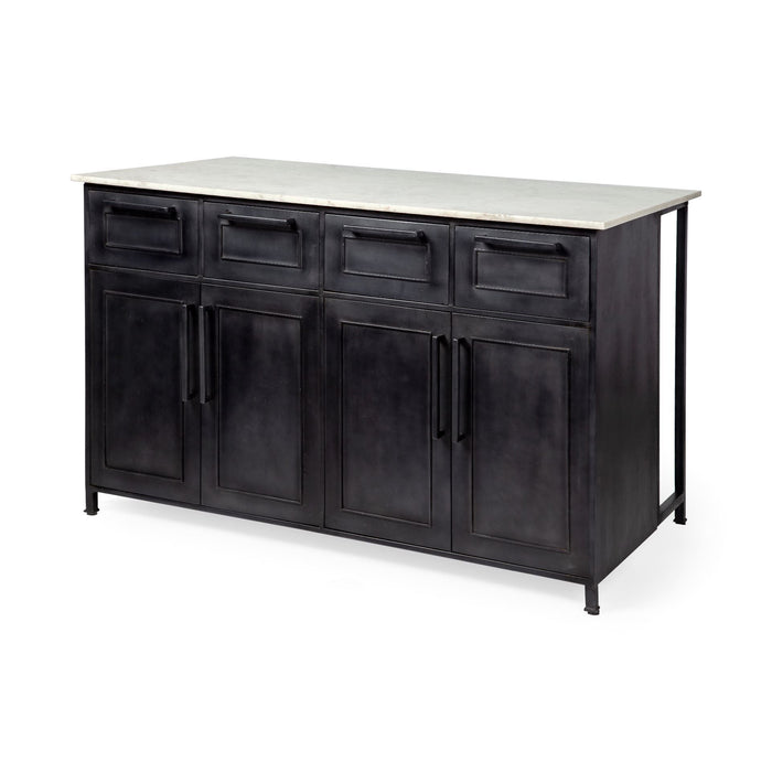 Solid Iron Body Marble Top Kitchen Island With 4 Drawer - Black / White