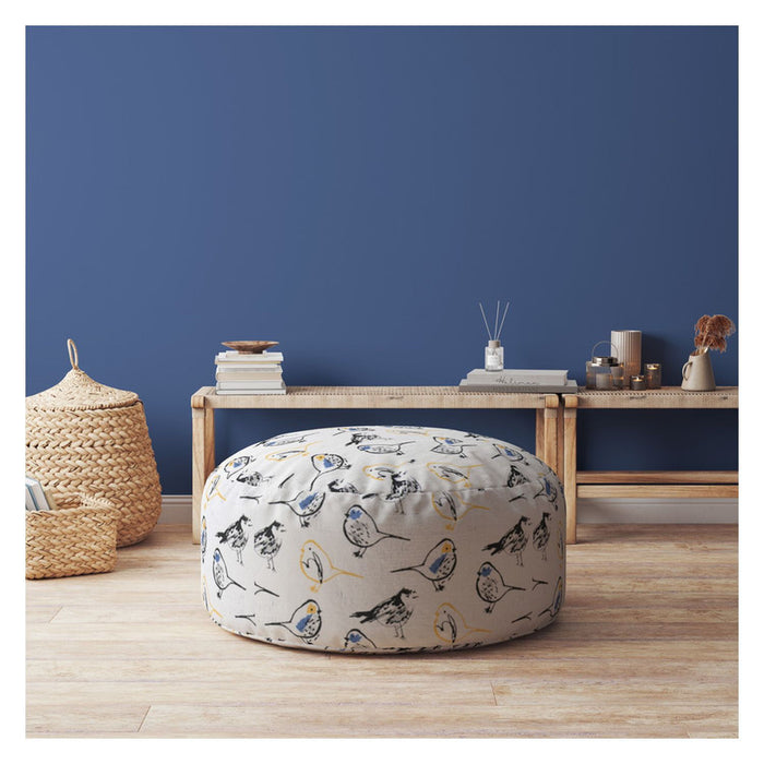 Canvas Round Birds Pouf Ottoman - Yellow / White