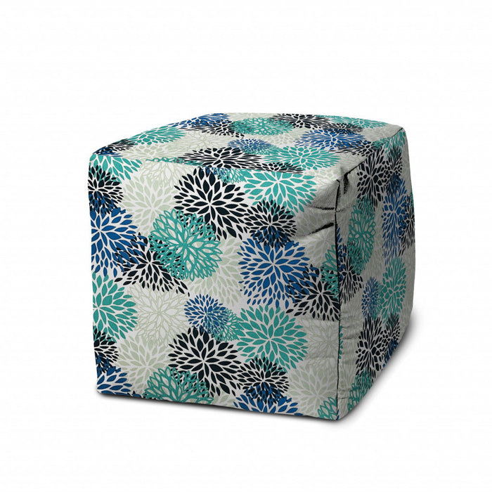 Polyester Cube Floral Indoor / Outdoor Pouf Ottoman - Blue