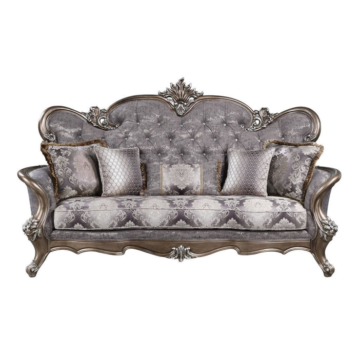 Cotton Blend Damask Sofa And Toss Pillows With Bronze Legs - White