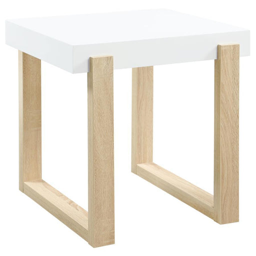 Pala - Rectangular End Table With Sled Base - White High Gloss And Natural - Simple Home Plus