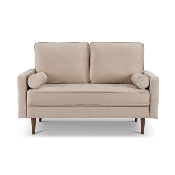 Brown Velvet Loveseat And Toss Pillows - Beige / Dark