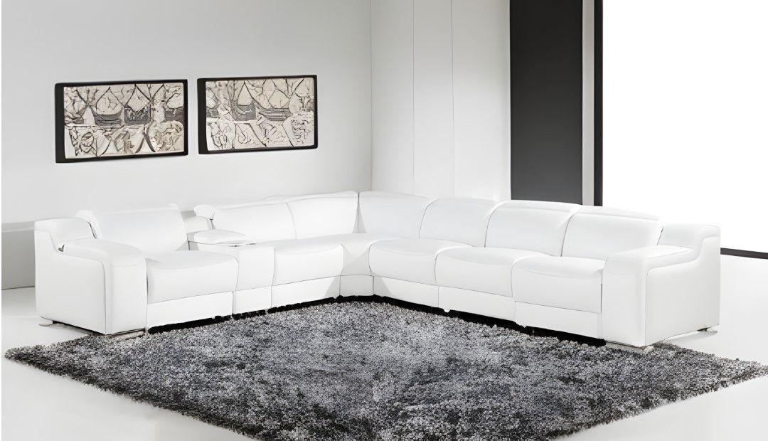 Italian Leather Power Reclining Seats Seven Piece Corner Sectional With Console L Shaped - White