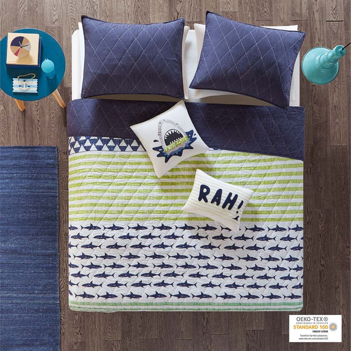 Finn Shark Reversible Coverlet Set - Green / Navy