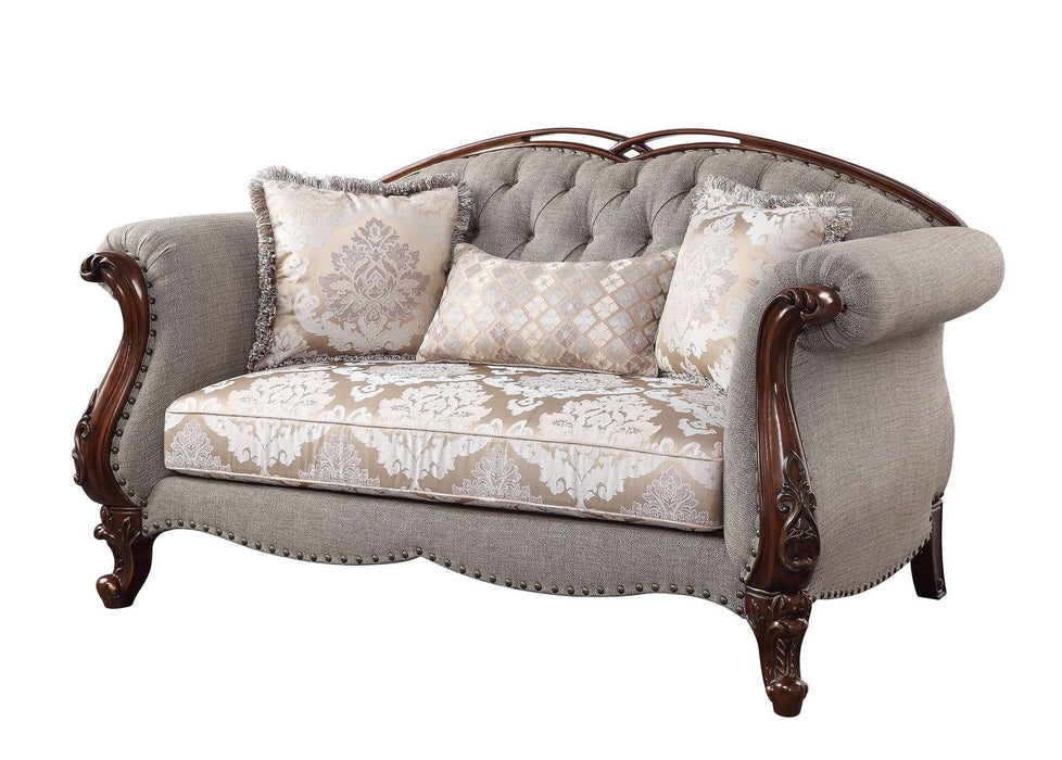 Brown Linen Loveseat And Toss Pillows - Beige / Dark