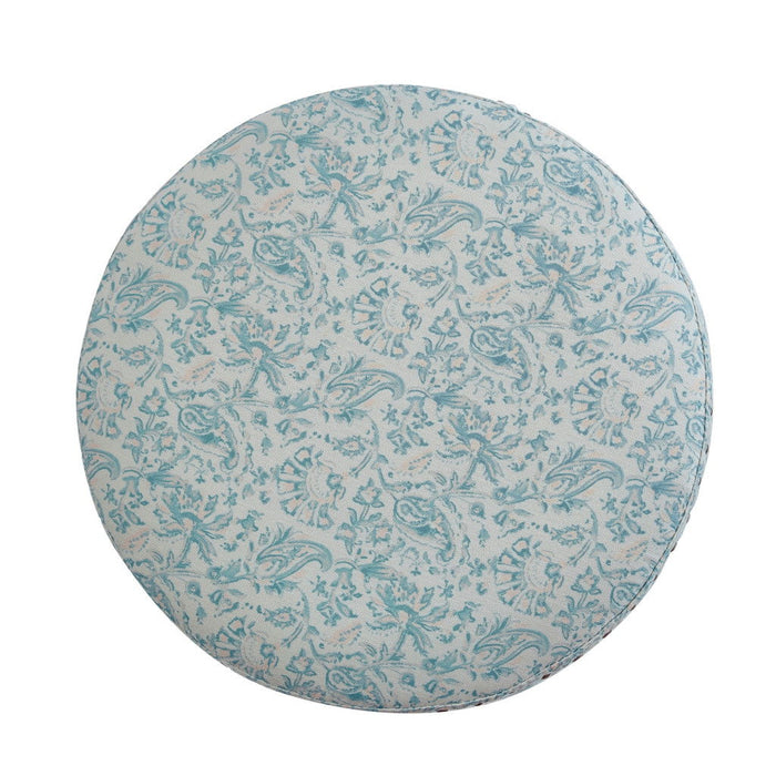 Linen Round Floral Ottoman - Blue