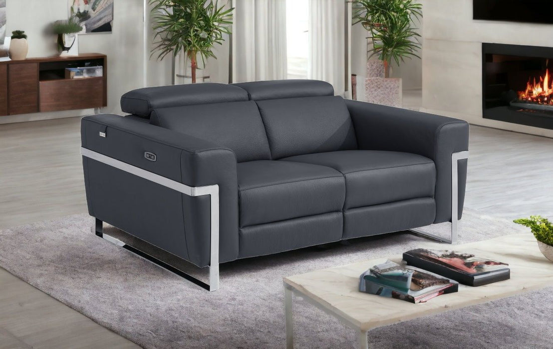 Italian Leather Power Reclining Loveseat - Gray / Silver