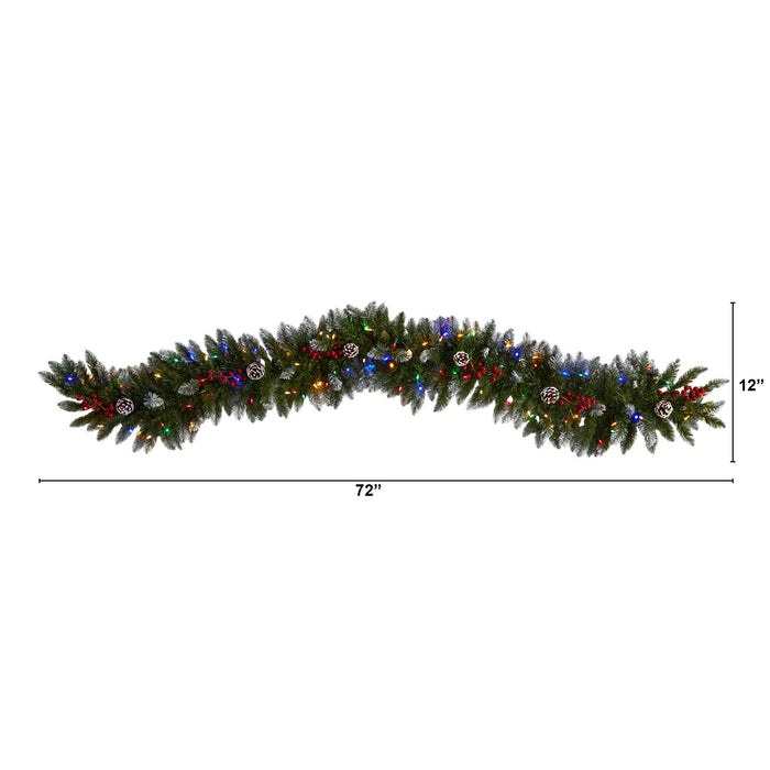 6' Snow Tipped Xmas Garland w/Pinecones Berries MC LEDs