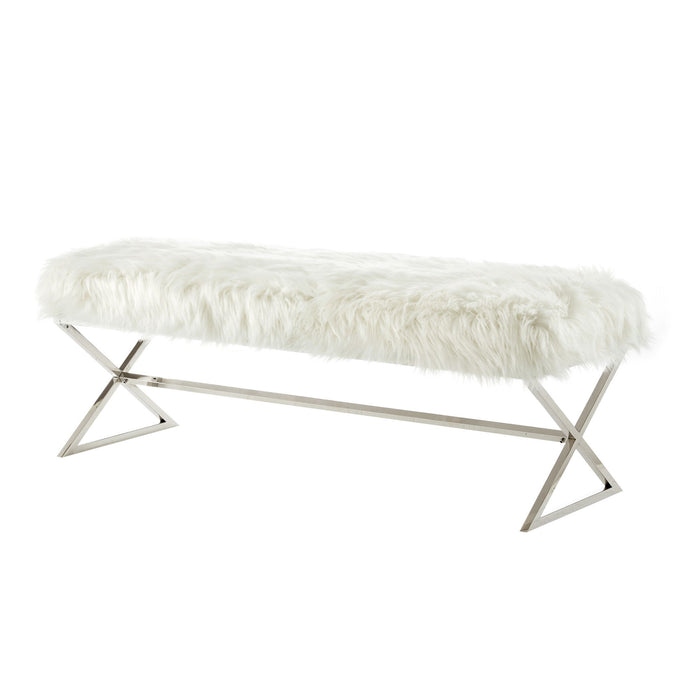 Faux Fur Bench Upholstered - White / Silver