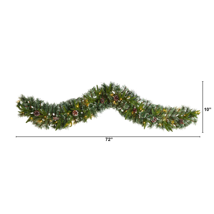 6 Snow Tipped Xmas  Garland w/35 Clear LEDs and Pine Cones