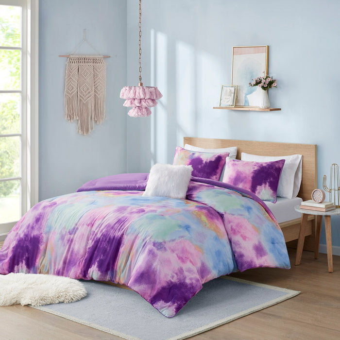 Cassiopeia - King Watercolor Tie Dye Printed Comforter Set With Throw Pillow - Lavender