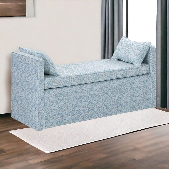 Upholstered Linen Floral Bench - Blue / Black