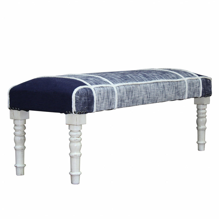 Textural White Leg Upholstered Bench - Blue / Gray