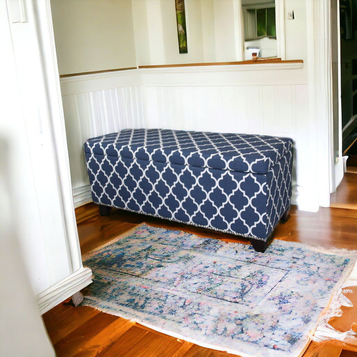 Brown Upholstered Polyester Quatrefoil Bench With Flip Top - Blue / White / Dark