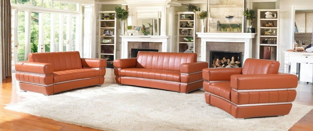 Three Piece Italian Leather Six Person Seating Set Indoor - Camel