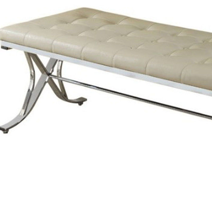 Upholstered Faux Leather Bench - Beige / Silver