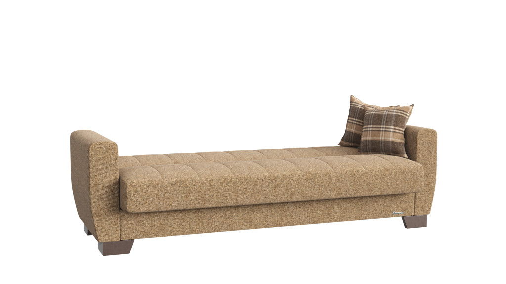 Chenille Sleeper Sleeper Sofa And Toss Pillows With Brown Legs - Beige