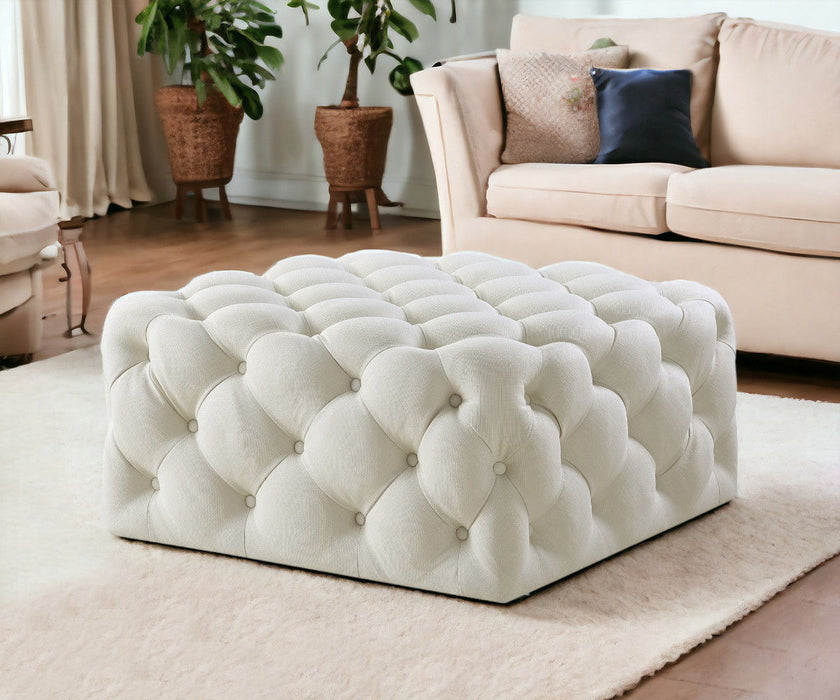 Linen Rolling Tufted Cocktail Ottoman - White