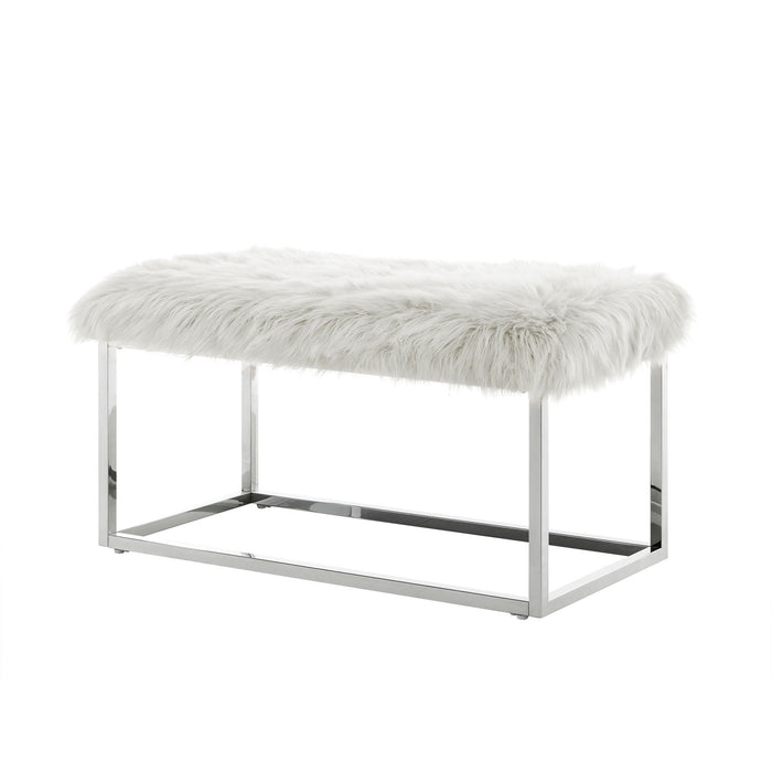 Upholstered Faux Fur Bench - White / Silver